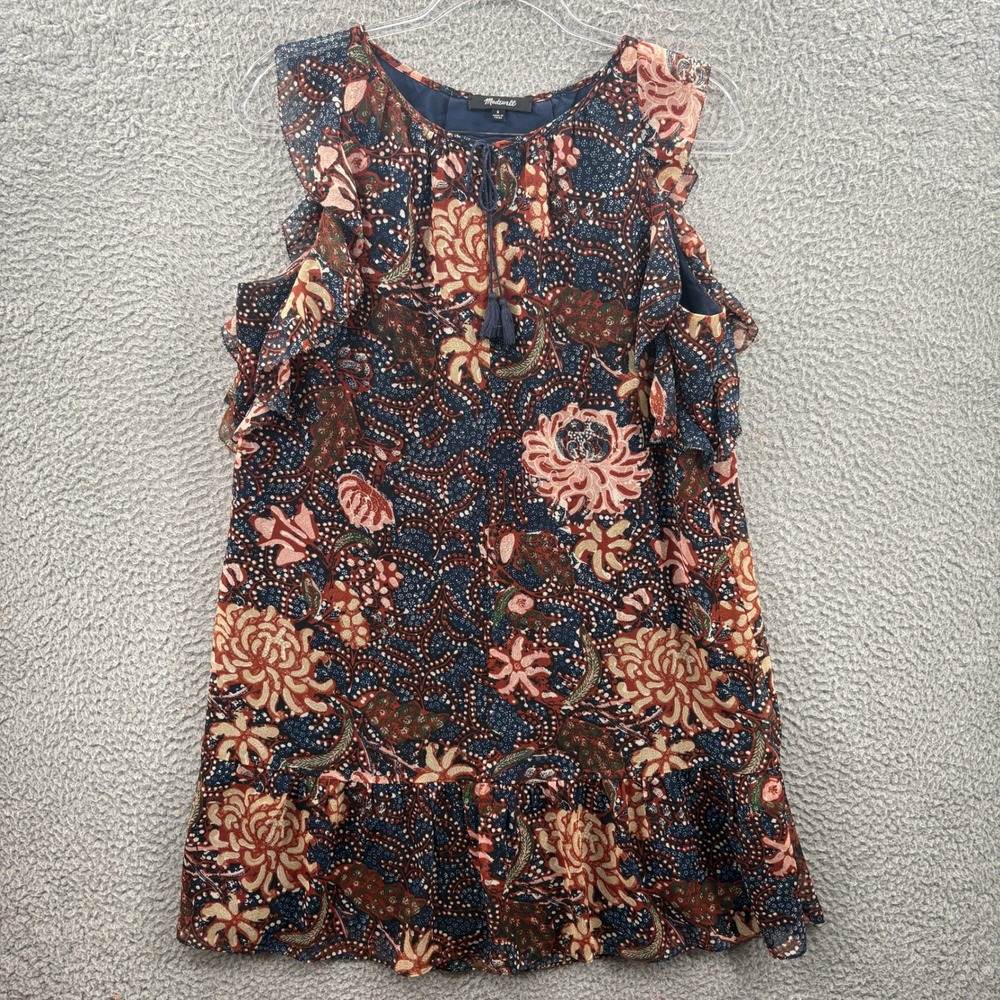 Madewell Dress Womens Small Blue Floral Batik Ruffle Cold Shoulder Tassel G6471